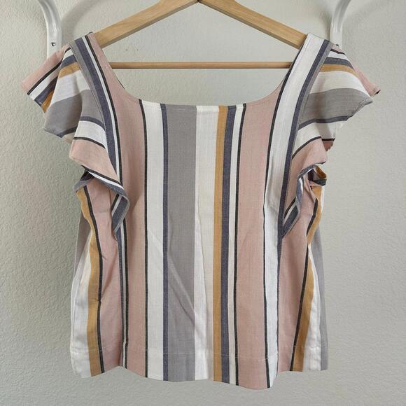 S Women's Three Dots Flutter Sleeve Cropped Striped Shirt - Pink Blue Cream Grey - Picture 2 of 6